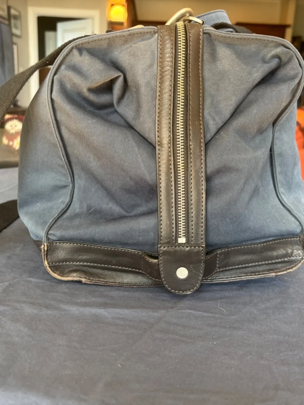 J Crew Warren Street Weekender Duffle Bag. Navy Canvas with Brown leather base